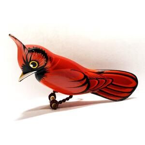 Takahashi Cardinal Bird Pin Brooch Carved Japanese 2" Long Excellent Condition
